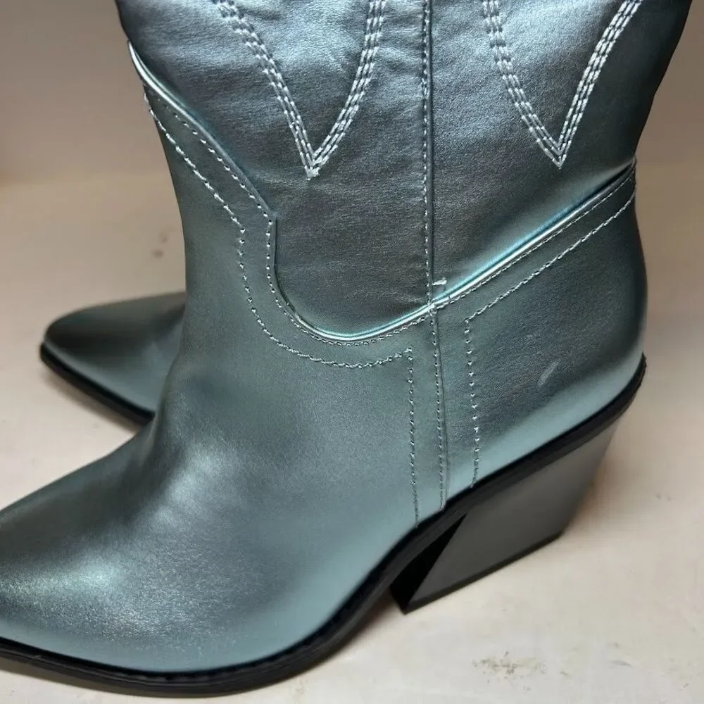 Madden Girl Womens 7 M Blue Metallic Arizona Western Knee High Boots DISPLAY QK3